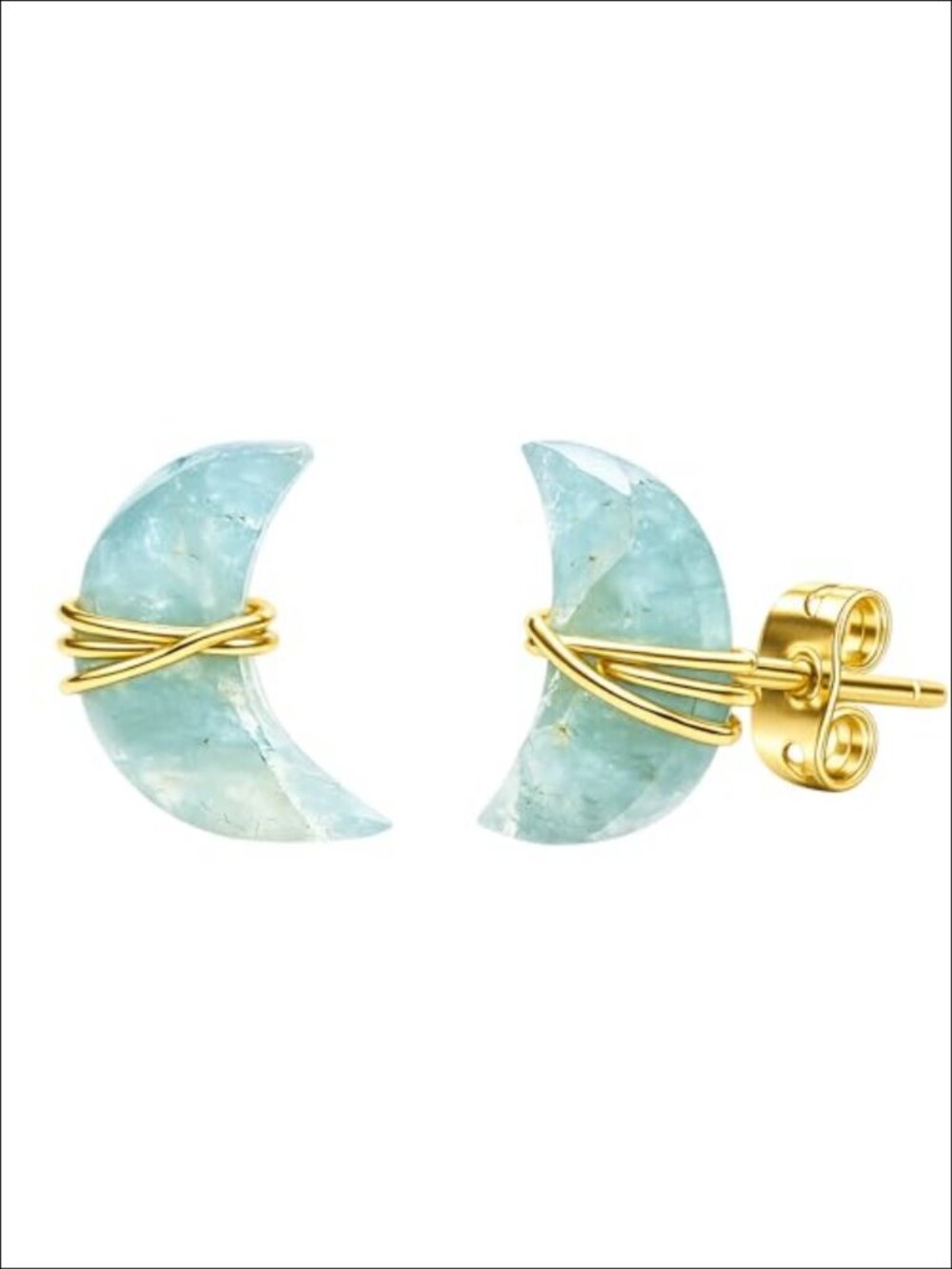 Natural Aquamarine Half Moon Stud Earrings Gold Wire Wrapped Handmade